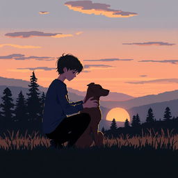A pixel art scene depicting a melancholic person gently petting a dog, with silhouettes of distant trees and hills in a natural setting