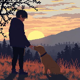 A pixel art scene depicting a melancholic person gently petting a dog, with silhouettes of distant trees and hills in a natural setting