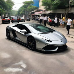 Gambar digital berkualitas tinggi menampilkan seorang anak muda kaya raya berdiri di samping mobil Lamborghini mewahnya di jalan kota