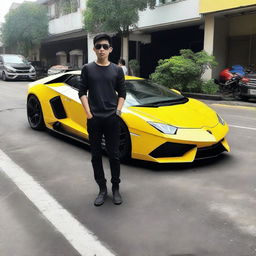 Gambar digital berkualitas tinggi menampilkan seorang anak muda kaya raya berdiri di samping mobil Lamborghini mewahnya di jalan kota