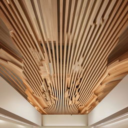 Design an art museum exhibition area filled with diverse display objects and artifacts. Noteworthy feature is a meticulously crafted wooden ceiling design that lends warmth and texture to the space.