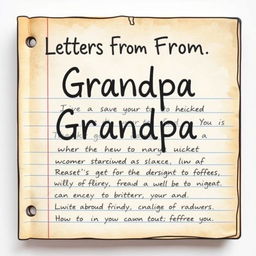 A book cover titled 'Letters From Grandpa', featuring an illustration of lined paper with casual handwritten text