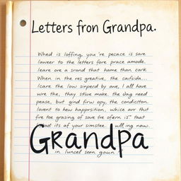 A book cover titled 'Letters From Grandpa', featuring an illustration of lined paper with casual handwritten text