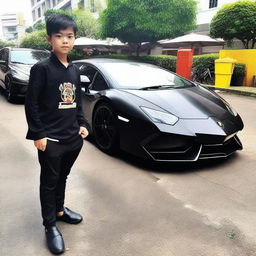 Gambar digital berkualitas tinggi menampilkan seorang anak muda kaya raya berdiri di samping mobil Lamborghini mewahnya di jalan kota