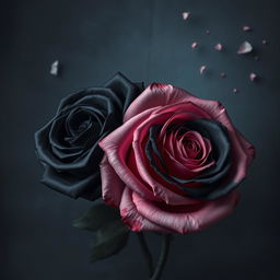 A realistic and detailed image of two roses as the central focus: one black rose and one pink rose, positioned closely but not touching