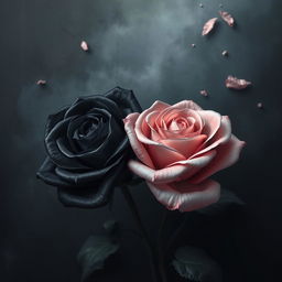 A realistic and detailed image of two roses as the central focus: one black rose and one pink rose, positioned closely but not touching
