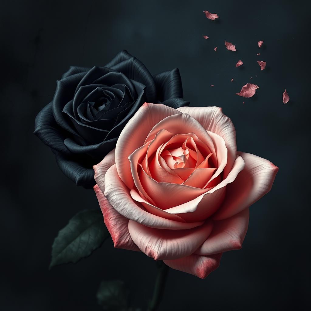 A realistic and detailed image of two roses as the central focus: one black rose and one pink rose, positioned closely but not touching