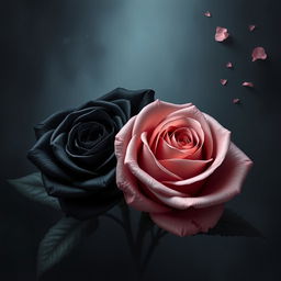 A realistic and detailed image of two roses as the central focus: one black rose and one pink rose, positioned closely but not touching