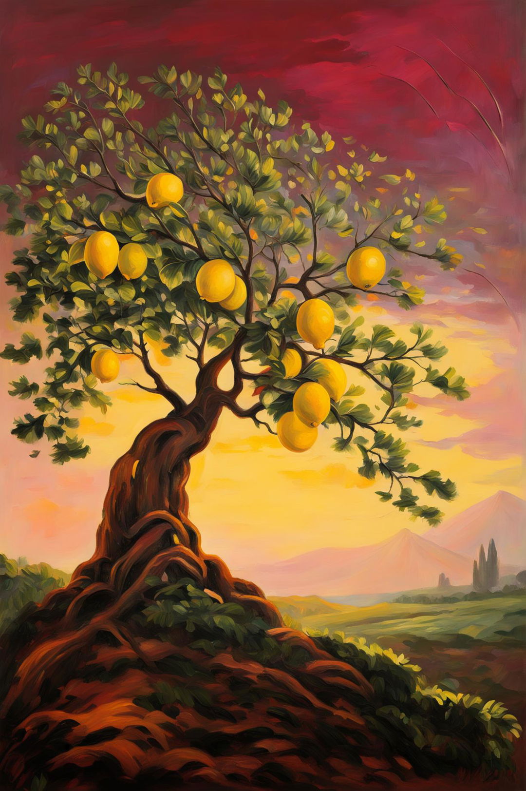 An oil painting depicts a vibrant landscape with a lemon tree in the foreground and a stunning sunrise in the background