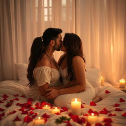A sensual and intimate scene featuring a romantic couple in a softly lit bedroom, surrounded by rose petals and candles