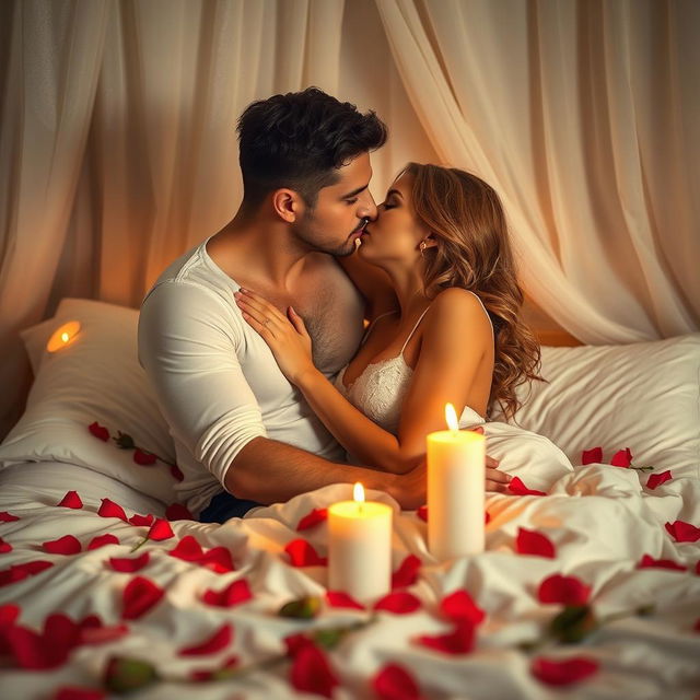 A sensual and intimate scene featuring a romantic couple in a softly lit bedroom, surrounded by rose petals and candles