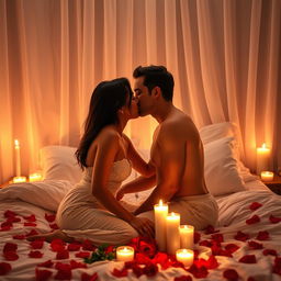A sensual and intimate scene featuring a romantic couple in a softly lit bedroom, surrounded by rose petals and candles