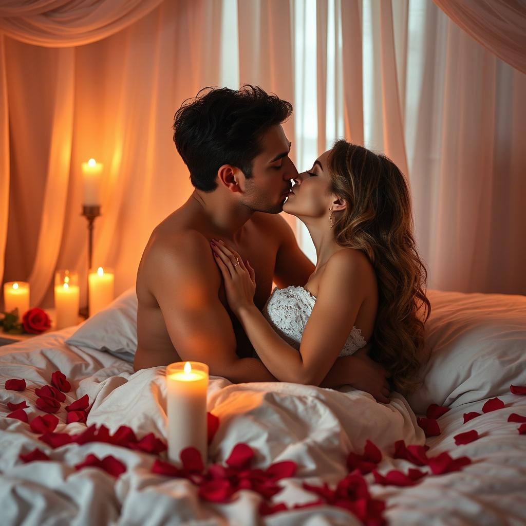 A sensual and intimate scene featuring a romantic couple in a softly lit bedroom, surrounded by rose petals and candles