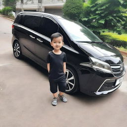 Gambar digital berkualitas tinggi menampilkan seorang anak muda kaya raya berdiri di samping mobil sport mewahnya di tengah kota modern