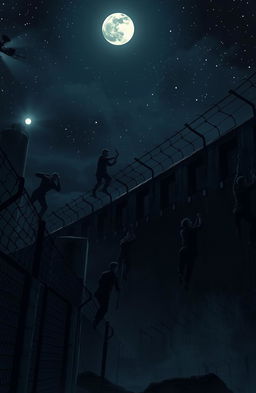 A dramatic scene depicting an epic escape from a high security prison