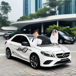 Gambar digital berkualitas tinggi menampilkan seorang anak muda kaya raya berdiri di samping mobil sport mewahnya di tengah kota modern