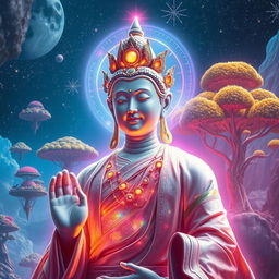 A futuristic interpretation of a gay bodhisattva from the year 3001, depicted with an ethereal aura, surrounded by vibrant cosmic energy