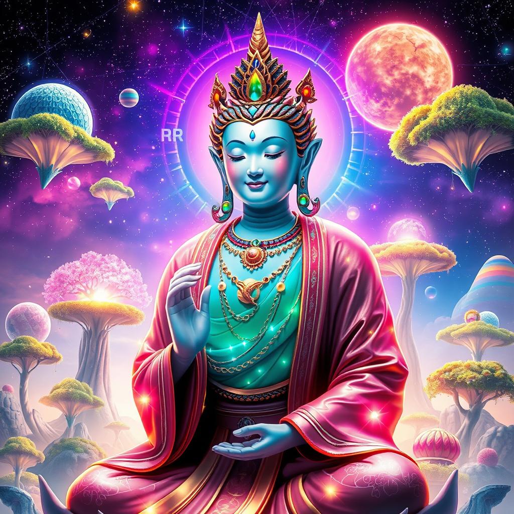 A futuristic interpretation of a gay bodhisattva from the year 3001, depicted with an ethereal aura, surrounded by vibrant cosmic energy