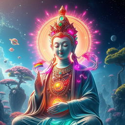 A futuristic interpretation of a gay bodhisattva from the year 3001, depicted with an ethereal aura, surrounded by vibrant cosmic energy