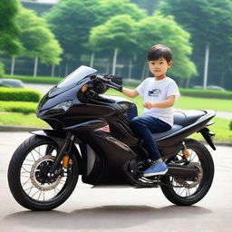 Gambar digital berkualitas tinggi menampilkan seorang anak muda kaya raya berdiri di samping mobil sport mewahnya di tengah kota modern