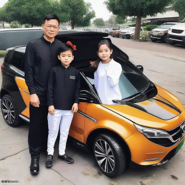 Gambar digital berkualitas tinggi menampilkan seorang anak muda kaya raya berdiri di samping mobil sport mewahnya di tengah kota modern