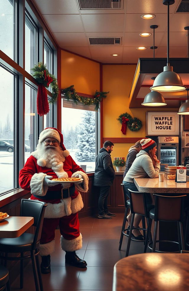 A cozy Christmas scene inside a Waffle House featuring Santa Claus, a cheerful waffle house worker, and a customer sitting at a high bar