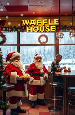 A cozy Christmas scene inside a Waffle House featuring Santa Claus, a cheerful waffle house worker, and a customer sitting at a high bar