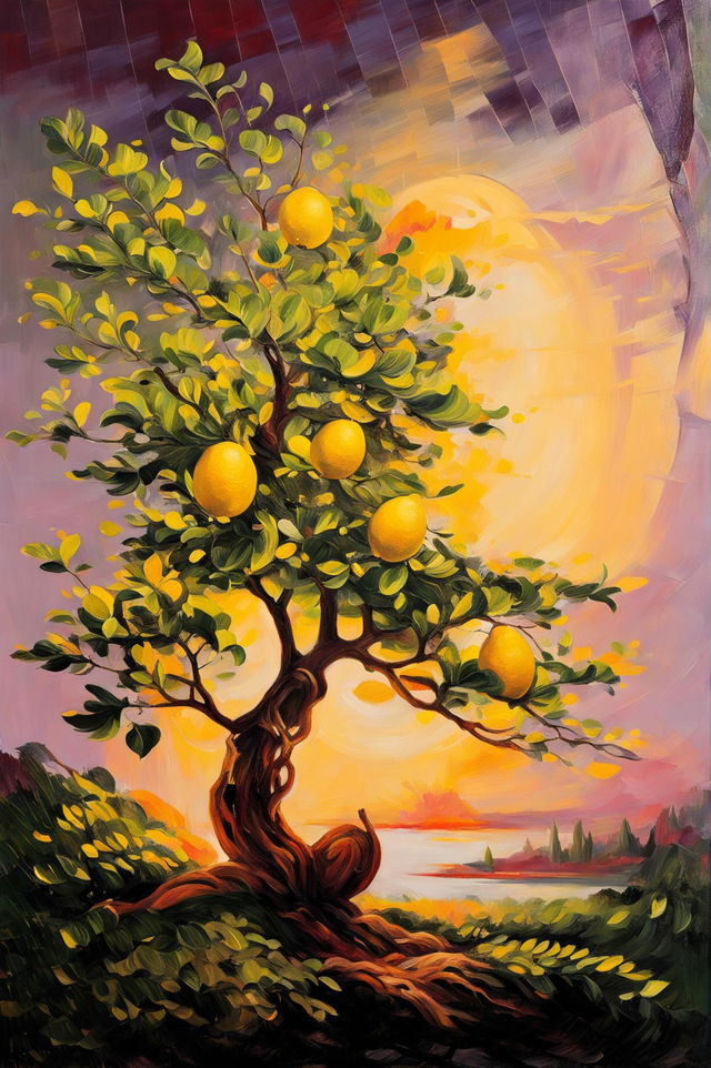 This is a description of an award-winning oil painting featuring a lemon tree against a breathtaking sunset