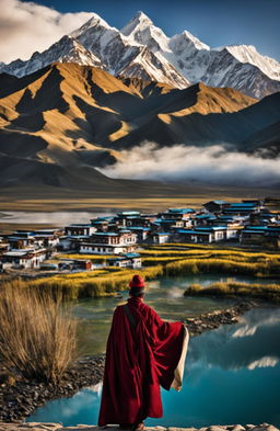 A high-definition image for a travel magazine feature on Tibet, showcasing a traditional Tibetan village, a serene lake, and the majestic Himalayan mountain range in the backdrop