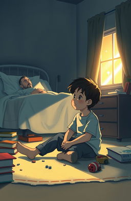 A poignant scene illustrating a young boy sitting on his bedroom floor, surrounded by books and toys, appearing contemplative and detached from faith
