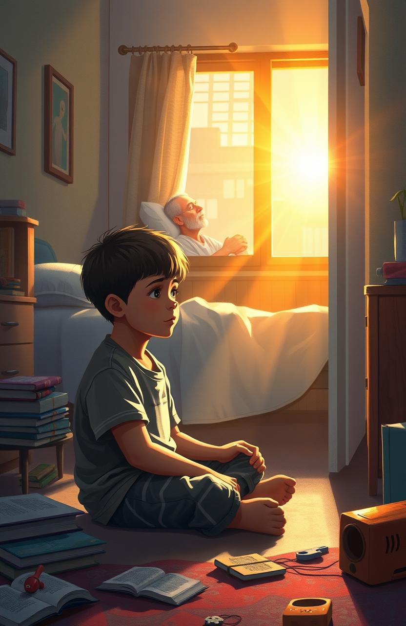 A poignant scene illustrating a young boy sitting on his bedroom floor, surrounded by books and toys, appearing contemplative and detached from faith