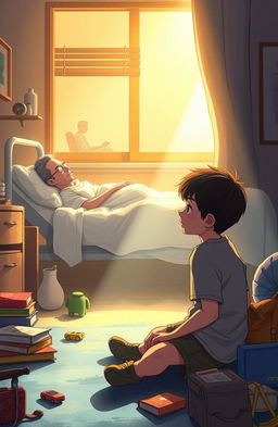 A poignant scene illustrating a young boy sitting on his bedroom floor, surrounded by books and toys, appearing contemplative and detached from faith