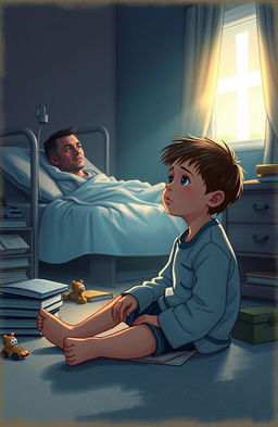 A poignant scene illustrating a young boy sitting on his bedroom floor, surrounded by books and toys, appearing contemplative and detached from faith