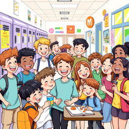 A joyful scene featuring middle school students expressing happiness and camaraderie