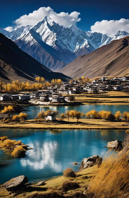 A high-definition image for a travel magazine feature on Tibet, showcasing a traditional Tibetan village, a serene lake, and the majestic Himalayan mountain range in the backdrop