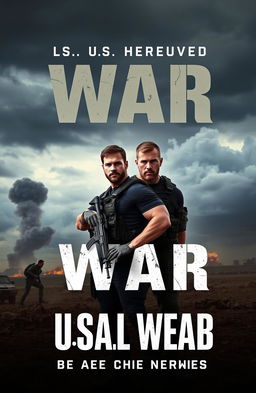 A dramatic modern war book cover featuring two muscular action stars reminiscent of Chris Evans and Chris Hemsworth, both clad in realistic U