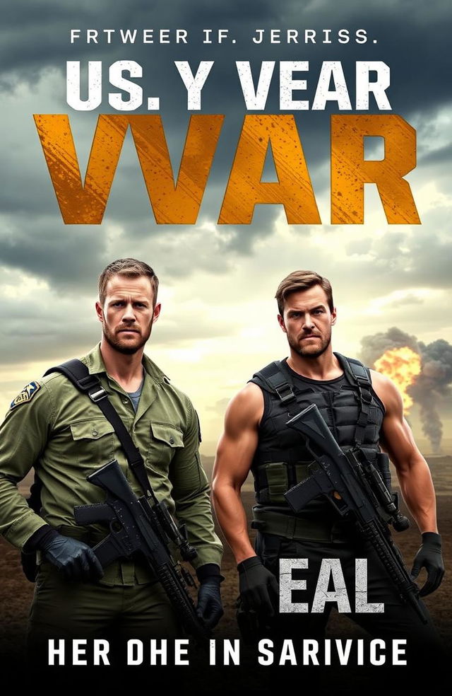 A dramatic modern war book cover featuring two muscular action stars reminiscent of Chris Evans and Chris Hemsworth, both clad in realistic U