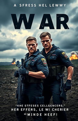 A dramatic modern war book cover featuring two muscular action stars reminiscent of Chris Evans and Chris Hemsworth, both clad in realistic U