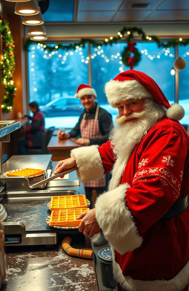 A cozy winter scene set in a waffle house during Christmas time