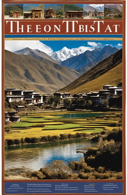 A high-definition image for a travel magazine feature on Tibet, showcasing a traditional Tibetan village, a serene lake, and the majestic Himalayan mountain range in the backdrop