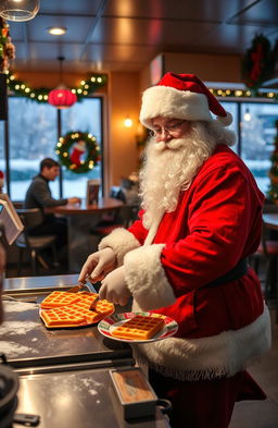 A cozy winter scene set in a waffle house during Christmas time