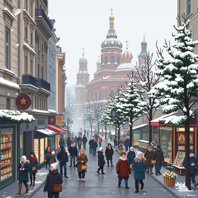 A vibrant pixel art scene depicting the everyday life in Russia, focusing on the hustle and bustle of the city