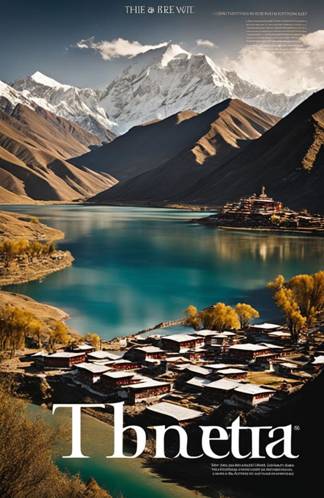 A high-definition image for a travel magazine feature on Tibet, showcasing a traditional Tibetan village, a serene lake, and the majestic Himalayan mountain range in the backdrop