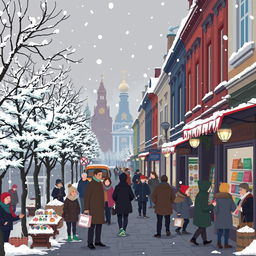 A vibrant pixel art scene depicting the everyday life in Russia, focusing on the hustle and bustle of the city
