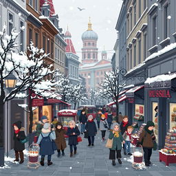 A vibrant pixel art scene depicting the everyday life in Russia, focusing on the hustle and bustle of the city
