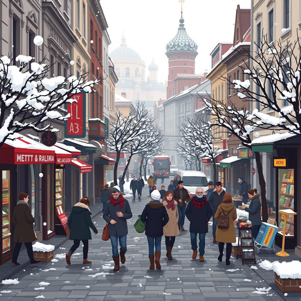 A vibrant pixel art scene depicting the everyday life in Russia, focusing on the hustle and bustle of the city