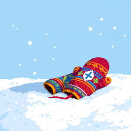 A pixel art scene depicting a pair of colorful mittens resting on a blanket of fresh, white snow
