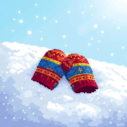 A pixel art scene depicting a pair of colorful mittens resting on a blanket of fresh, white snow