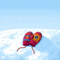 A pixel art scene depicting a pair of colorful mittens resting on a blanket of fresh, white snow