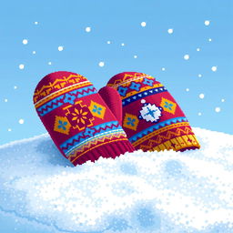 A pixel art scene depicting a pair of colorful mittens resting on a blanket of fresh, white snow